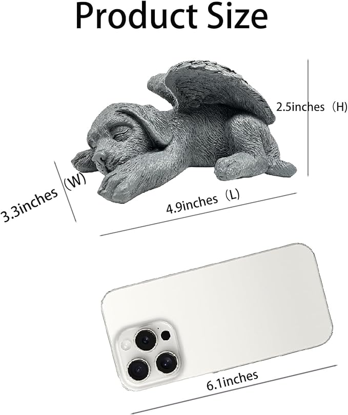 Small Dog Angel Pet Memorial Grave Marker Tribute Statue，Resin Sleeping Dog Statue with Wings for Garden,Indoor,Pet Grave Markers,and Loss of Sympathy Gift(Gray)