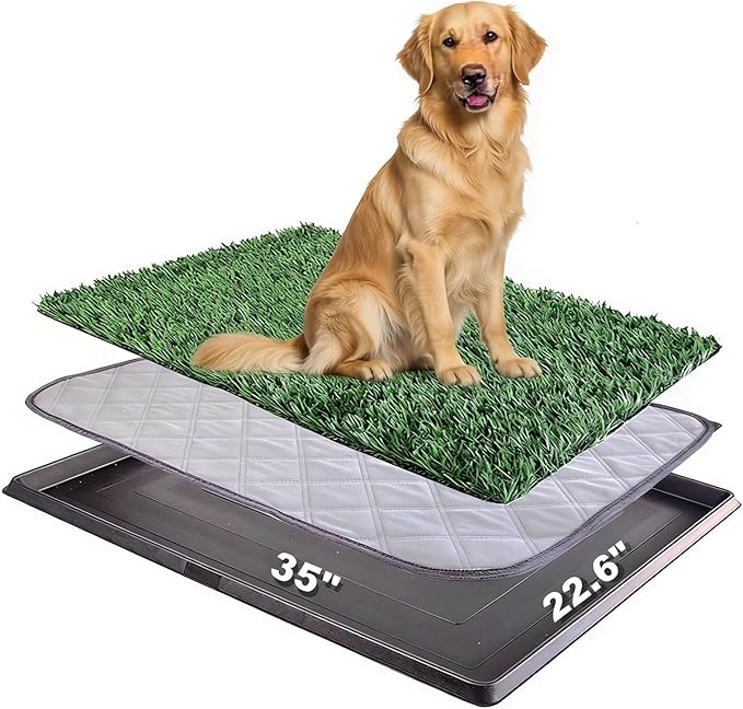 35"X22.6" Dog Grass Pad with Tray - Indoor/Outdoor Artificial Turf Potty Training Mat for Large Dogs, Portable Dog Litter Box for Balcony/Patio, Washable Reusable Pee Pad and Fake Grass for Dogs