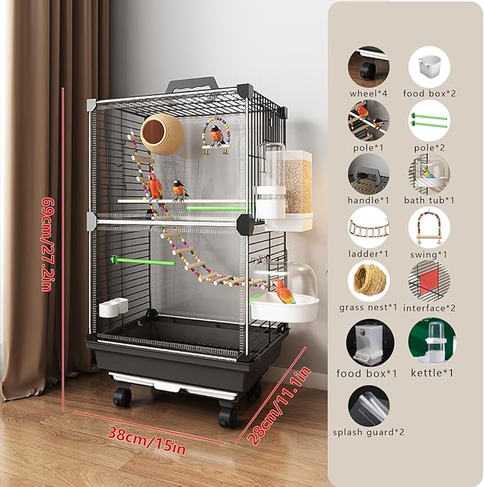 Bird Cage,Large Parrot Cage with Acrylic Doors, 3-Tier Movable Birdcage Parakeet Cage w/Wheels, 360° View Spacious Interactive Bird House (Black, Automatic Food Container and Water Bottle)