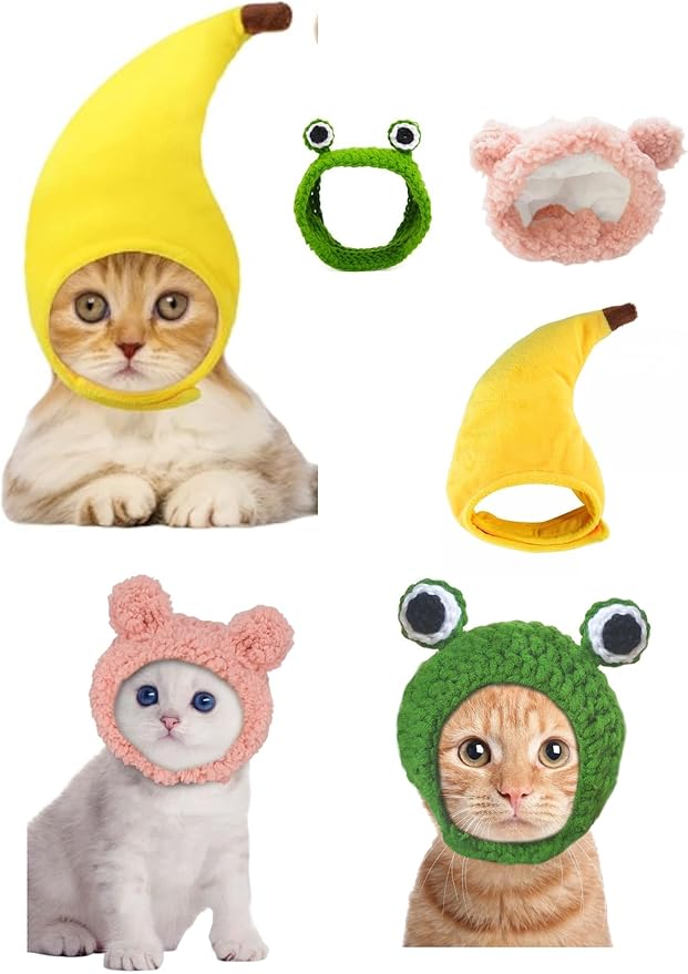 Cute Cat Hats 3-Pack - Banana Frog Pink Bear Costume Set for Kittens, Soft Breathable Dress Up Party Photo Props Accessories for Cats