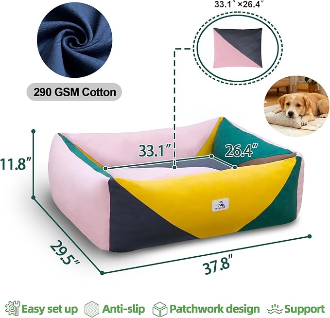 Washable Rectangle Dog Bed with Removable Cover, Color-Block Gingham Cotton Large Dog Sofa, Durable Breathable Scratch Resistant Pet Bed, Large