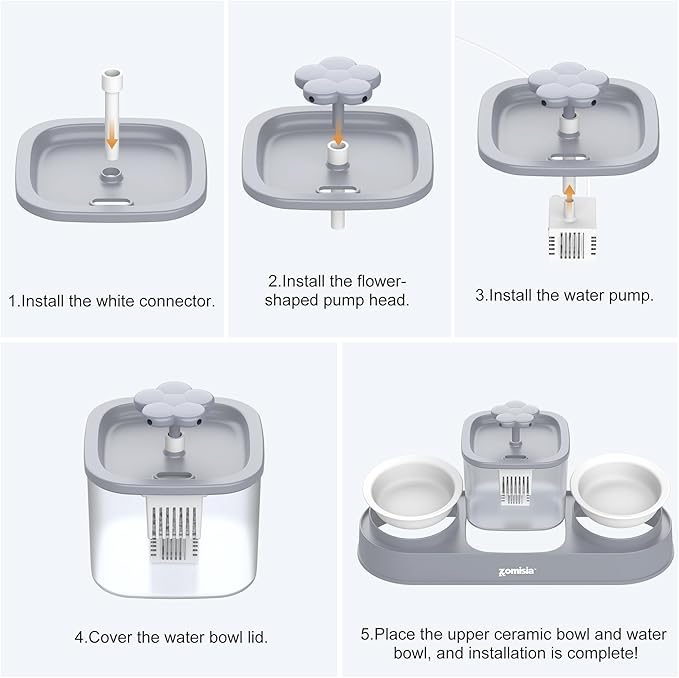 Cat Water Fountain and 1 Ceramic Food Bowl - 2 in 1 Ultra Quiet Automatic Pet Food and Water Bowl Set for Kitty, Gray (No Adapter)