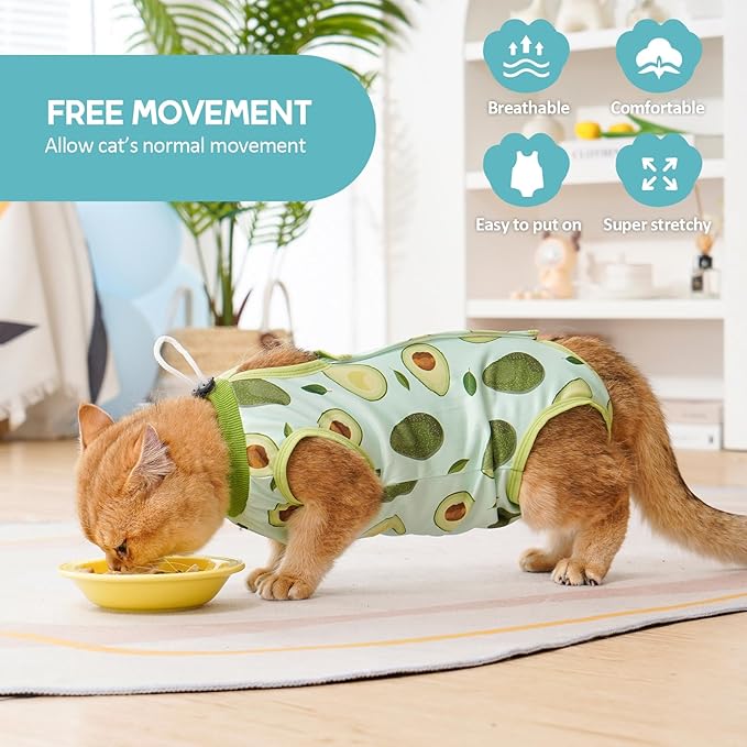 Avont Cat Recovery Suit - Kitten Onesie for Cats After Surgery, Cone of Shame Alternative Surgical Spay Suit for Female Cat, Post-Surgery or Skin Diseases Protection -Avocado(M)