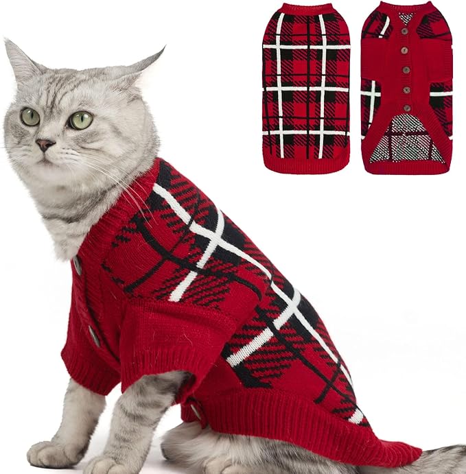 EXPAWLORER Cat Sweater Cardigan - Stylish Knit Cat Clothes, Plaid British Style Soft Puppy Sweater with Sleeve, Warm Pet Clothing Knitwear, Fall Winter Kitten Coat for Girl Boy Cats, Red S