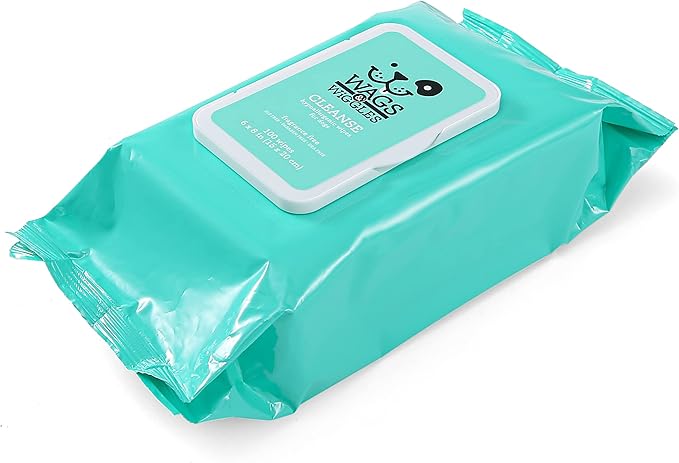 Wags & Wiggles Hypoallergenic Dog Wipes for Sensitive Skin, Fragrance Free Waterless Cleansing Towelettes for Paws Face Body & Rear, No SLS DEA Parabens, 100 Count - 2 Pack