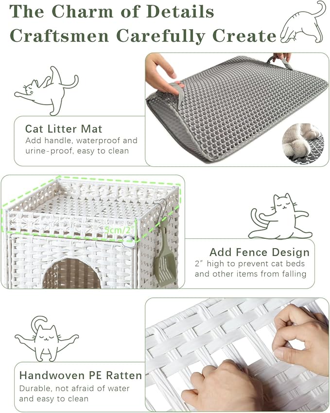 Cat Litter Box Enclosure Furniture, Hidden Litter Box with Mat and Fence, Handwoven Rattan Cat House with Two S-Shaped Hooks for Living Room, Bedroom, 18.5 x 20.5 x 19.1 Inches (White