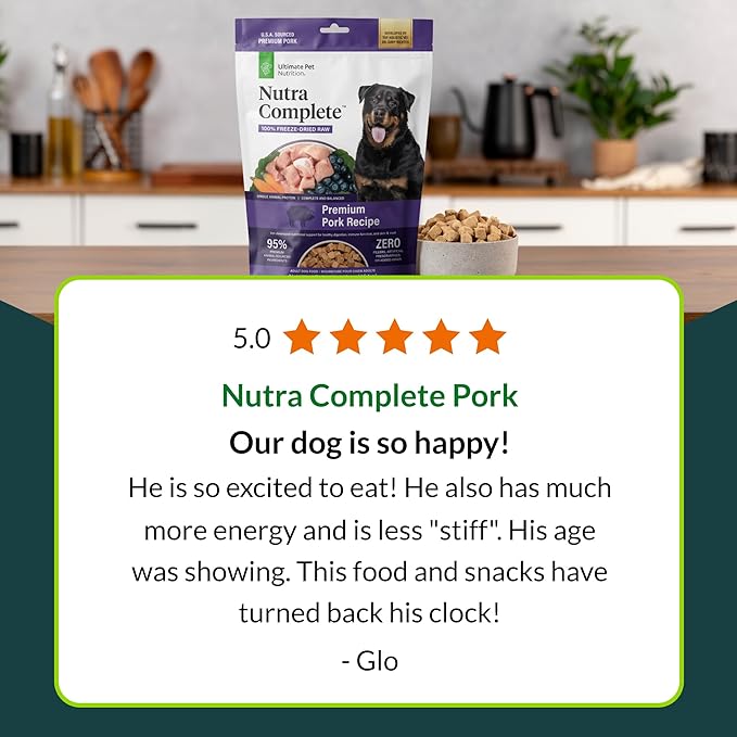 ULTIMATE PET NUTRITION Nutra Complete, 100% Freeze Dried Veterinarian Formulated Raw Dog Food with Antioxidants Prebiotics and Amino Acids, (1 Pound, Pork)