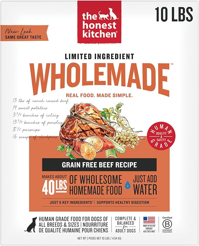 The Honest Kitchen Human Grade Wholemade™ Dehydrated Dog Food, Limited Ingredient Dehydrated Dog Food, Beef, 10 lb (makes 40lbs)