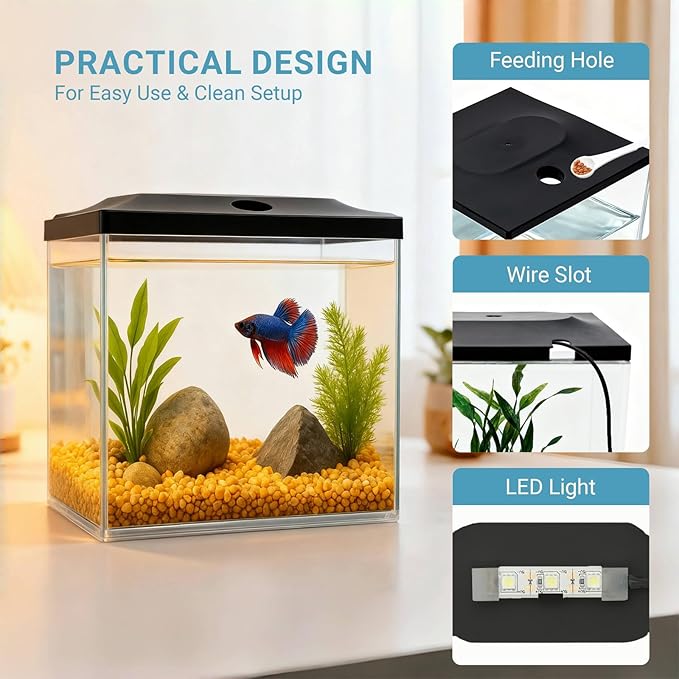0.8-Gallon Cube Fish Bowl, Shatterproof Plastic Fish Bowl with LED Lighting, Temporary Fish Tank for Isolation, Decoration & Education
