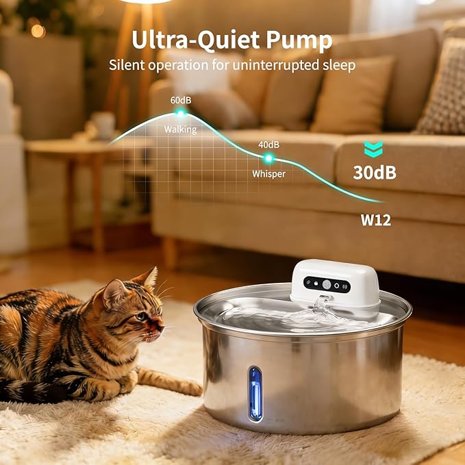 YFL Wireless Cat Water Fountain, 108oz/3.2L Battery Operated Pet Water Fountain, Stainless Steel Dog Water Dispenser with Motion Sensor, Quiet Cordless Cat Fountain for Inside