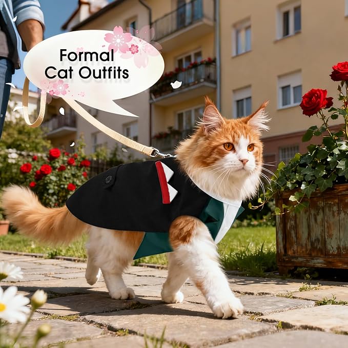 DENTRUN Cat Tuxedo Outfit Formal Suit with Shirt, Fancy Pet Tuxedo Vest for Hairless & Furry Cats, Kitten Wedding Attire Birthday Party Costume Clothes for Cats Only, XS-XXL