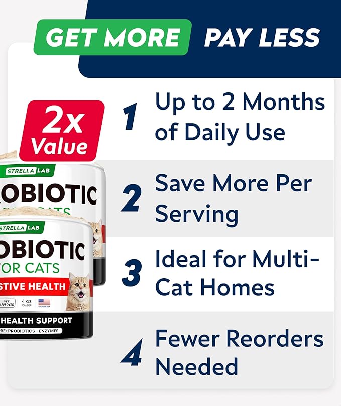 StrellaLab Cat Probiotic Powder - Probiotics for Cats with Diarrhea - Easy to Mix Powder - Cat Probiotics for Indoor Cats, Health Supplies Food Supplement, Digestive Support (8 oz/Pack of 2)