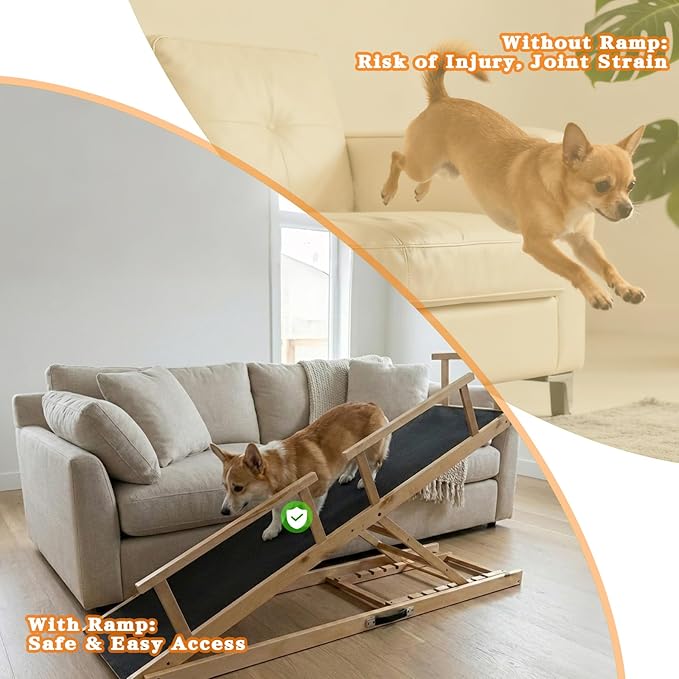 7 Adjustable Dog Ramp for Bed, Couch - 63" Foldable Birchwood Dog Ramp with Safety Rails, Non-Slip EVA Surface & DIY Glow in The Dark Strips, Wooden Pet Ramp for Large Dogs Supports 250Lbs