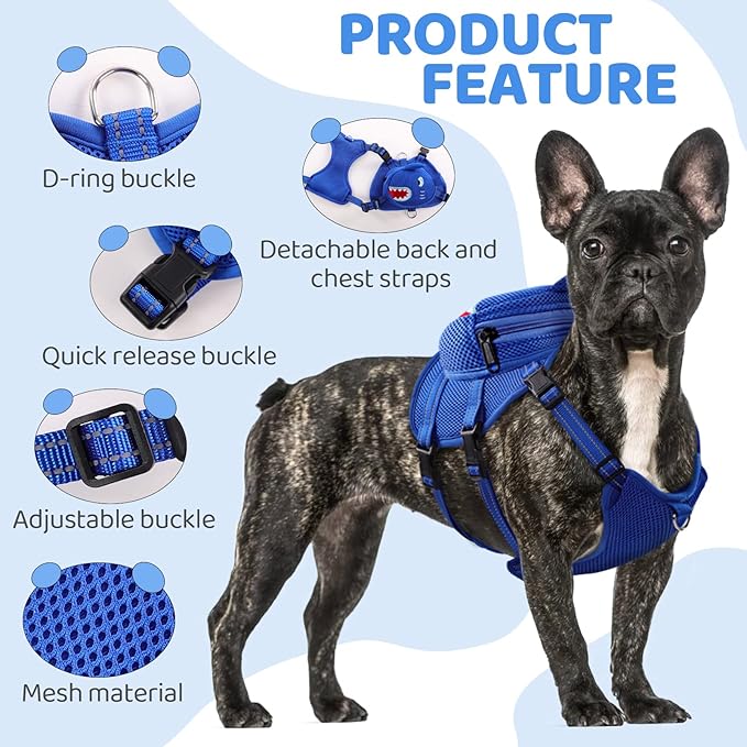 Dog Harness with Backpack, Adjustable Dog Backpack Harness for Small Medium Dogs, No-Pull Breathable Backpacks for Dogs to Wear, for Traveling, Hiking, Camping, Training, Blue L