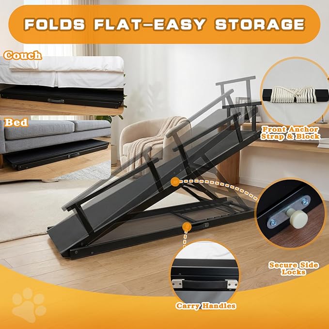 7 Adjustable Dog Ramp for Bed, Couch - 63" Foldable Birchwood Dog Ramp with Safety Rails, Non-Slip EVA Surface & DIY Glow in The Dark Strips, Wooden Pet Ramp for Large Dogs Supports 250Lbs