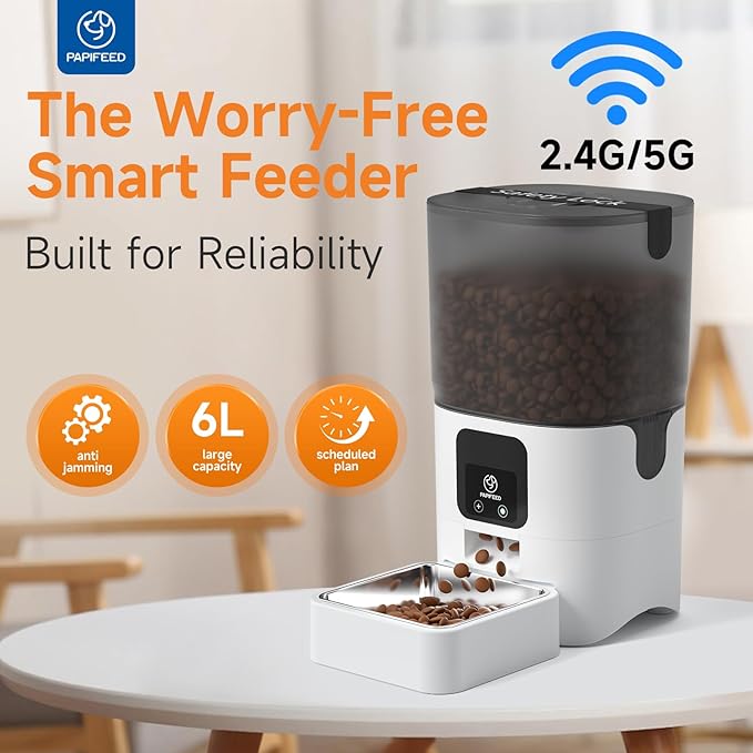 PAPIFEED 5G WiFi Automatic Cat Feeders: Smart Automatic Cat Food Dispenser with Slow Feeding Mode, Detachable for Easy Cleaning, Pet Feeder with Alexa, 1-30 Meals Per Day for Multiple Pets (6L/25 Cup)