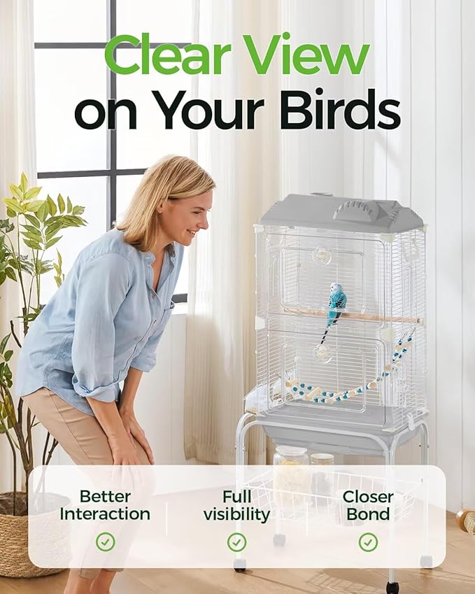 Clear View Bird Cage, Indoor & Travel Small Birdcage for Parakeet, Parrot, Budgies, Cockatiels, Canary |Easy Clean Safe Materials (White, Medium)