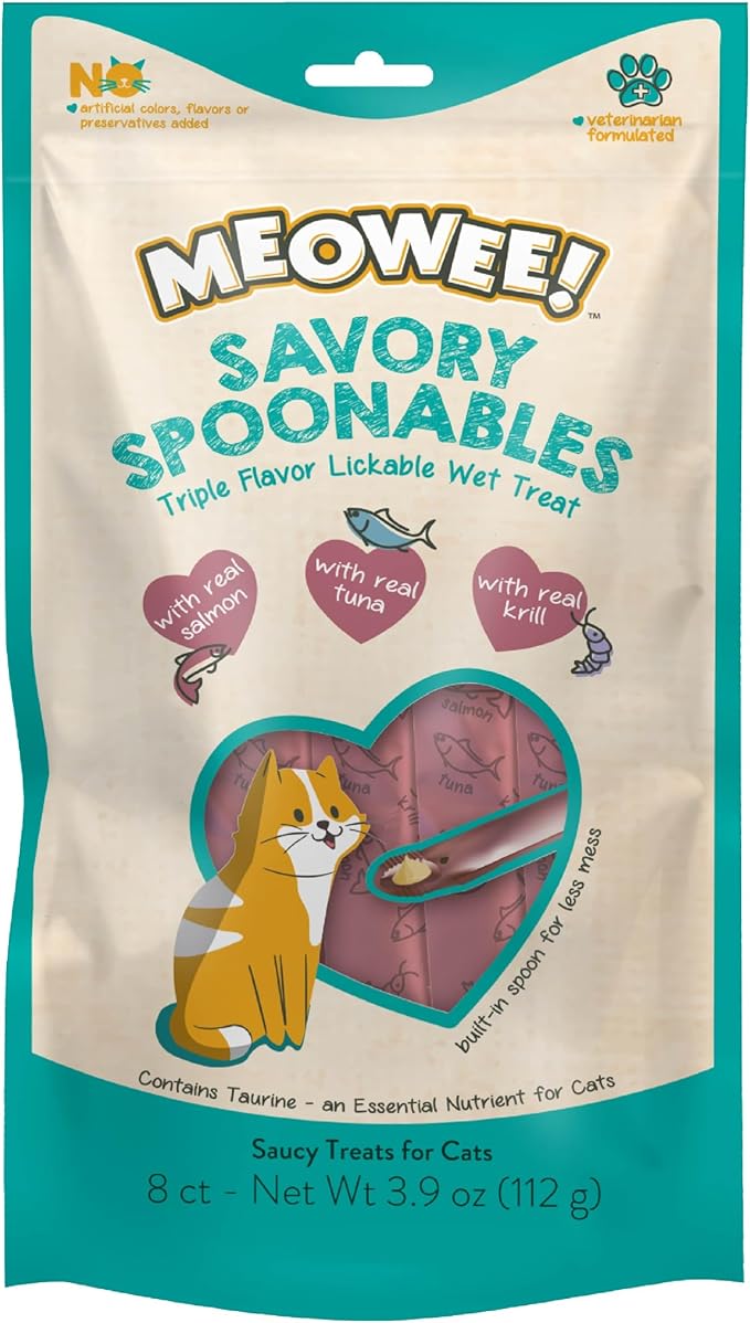 Savory Spoonables with Real Salmon, Tuna & Krill, 8 Count Tube, Triple Flavor Squeezable Lickable Wet Treats for Cats with Built-in Spoon for Less Mess