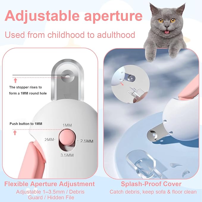 Wanheart Cat Nail Clippers with Debris Catcher & Hidden File, Adjustable Safety Guard Claw Trimmer for Indoor Cats & Kittens, Gentle Pet Grooming Tool (Pink)