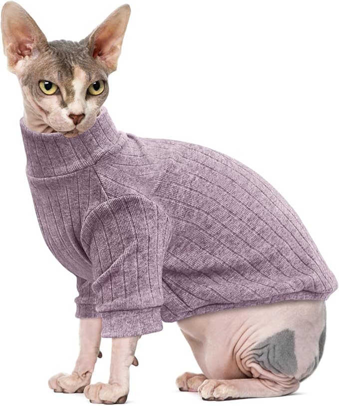 Idepet Sphynx Hairless Cats Sweater Shirt Kitten Soft Puppy Clothes Pullover Cute Cat Pajamas Jumpsuit Cotton Apparel Pet Winter Turtleneck for Cats and Teacup Chihuahua Small Dogs(Purple,L)