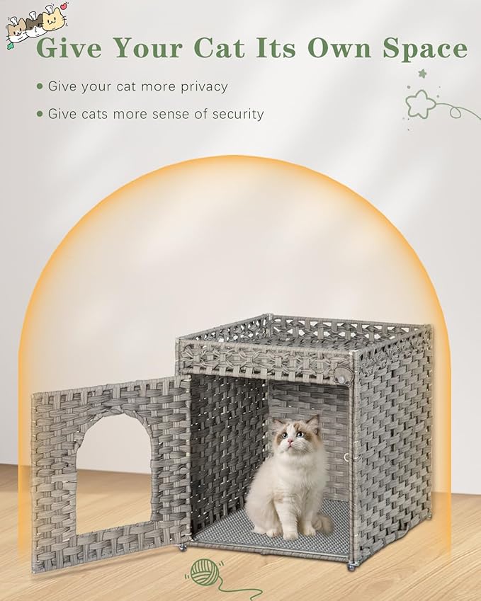 Cat Litter Enclosure with Hidden Litter Mat and Rattan Cat House, Supports Two Litter Boxes, Ideal for Living Room or Bedroom (Gray)