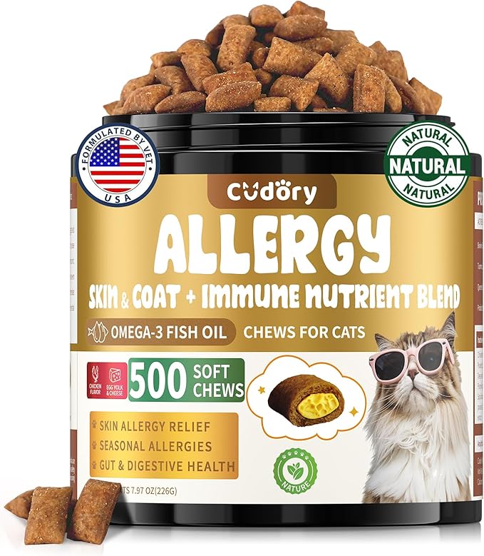 Cat Allergy Relief for Cats Treats, 500 Crunchy Snacks for Immune & Skin Coat Support – Seasonal Allergies, Itching Relief, Omega 3 & Probiotic Natural Supplement for Cat, Chicken (90-Day Supply)