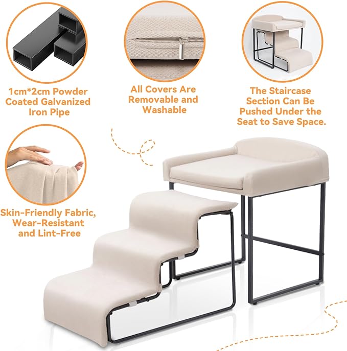 Dog Window Perch with Stairs, Pet Stairs Ramp with Seat, Dog Perch to Look Out Window with Ramp, Lounge Elevated Dogs Bed, Small Pet Step, Multi-Level Platform with Foam Upholstery