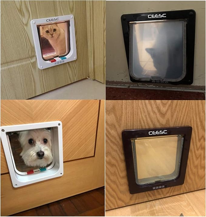 CEESC Extra Large Cat Door (Outer Size 11" x 9.8"), 4 Way Locking Large Cat Door for Interior Exterior Doors, Weatherproof Pet Door for Cats & Doggie with Circumference < 24.8" (Black)