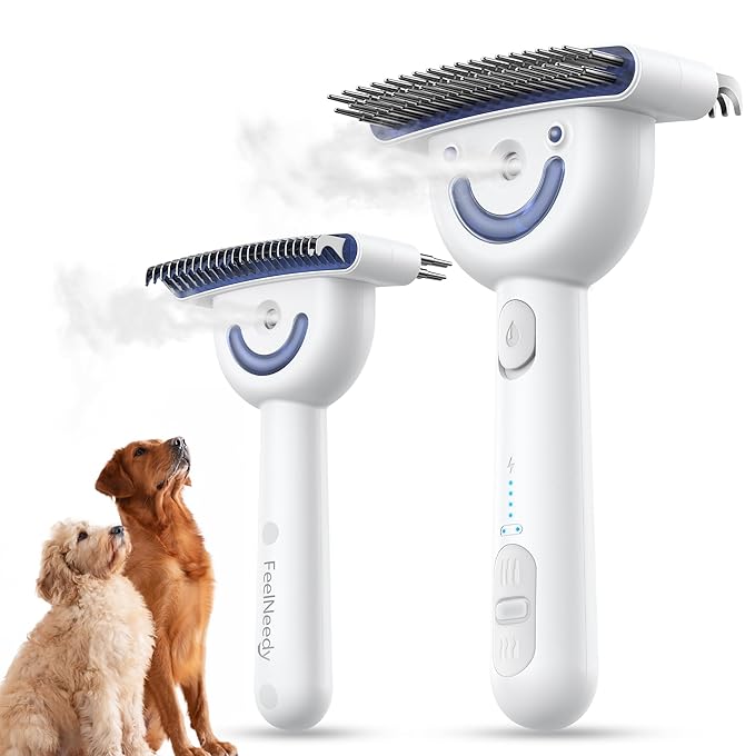 Dog Brush for Shedding with Steam, Dog Brush for Long Haired Dogs and Cats, Dual-Sided Dematting and Deshedding, Safe Non-Deforming Steel Pins, for Medium-Thick Coats Prone to Tangles & Shedding