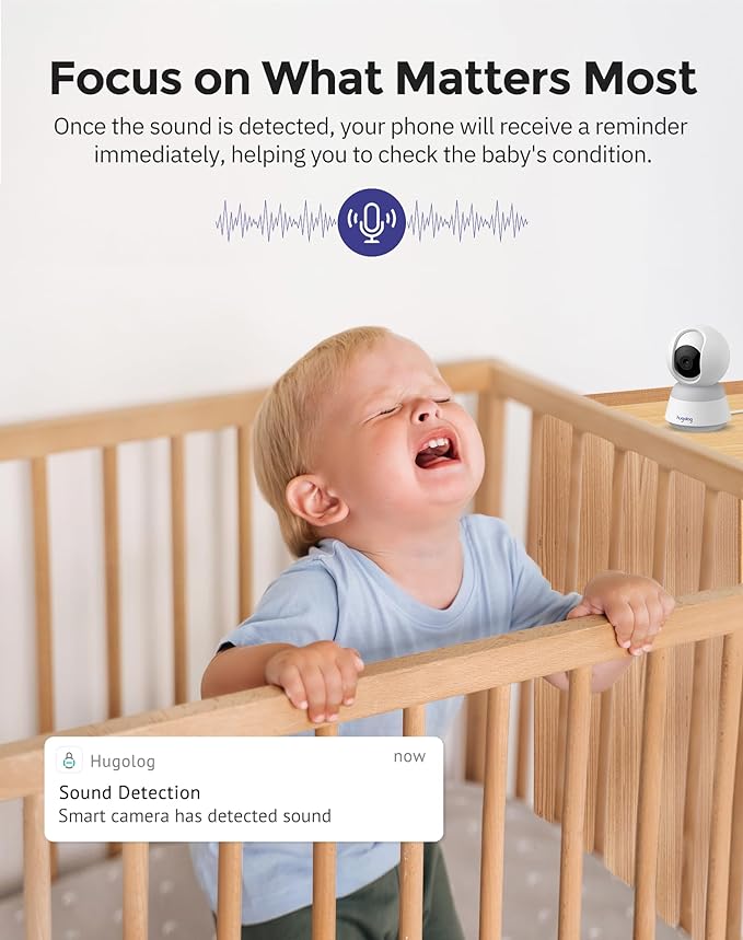Hugolog 3K 5MP Indoor Pan/Tilt Security Camera with Auto-Focus,2.4 GHZ/5 GHZ,Ideal for Baby Monitor/Pet Camera,Starlight Color Night Vision,Human/Pet AI,Noise Reduction,US Cloud,Works with Alexa