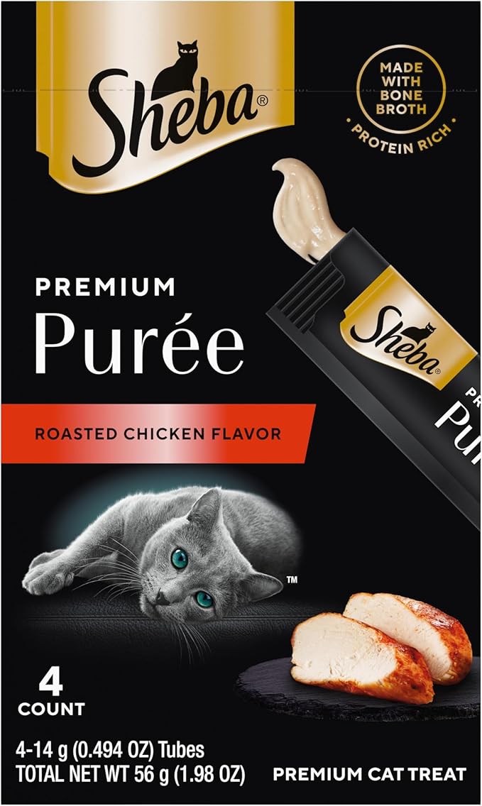 Sheba Premium Puree Cat Treats Lickable Roasted Chicken Flavor, Lickable Cat Treats, 0.49 oz. Tubes, 4 Count (Pack of 11), Total 44 Count