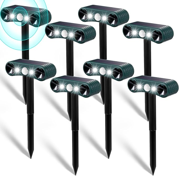 Qualirey 8 Pcs Solar Nocturnal Ultrasonic Light Animal Repeller Outdoor Deterrent with Pir Sensor Waterproof Deterrent Deer Repellent Devices to Repel Cat, Dog, Rabbit, Raccoon, Fox for Yard Garden