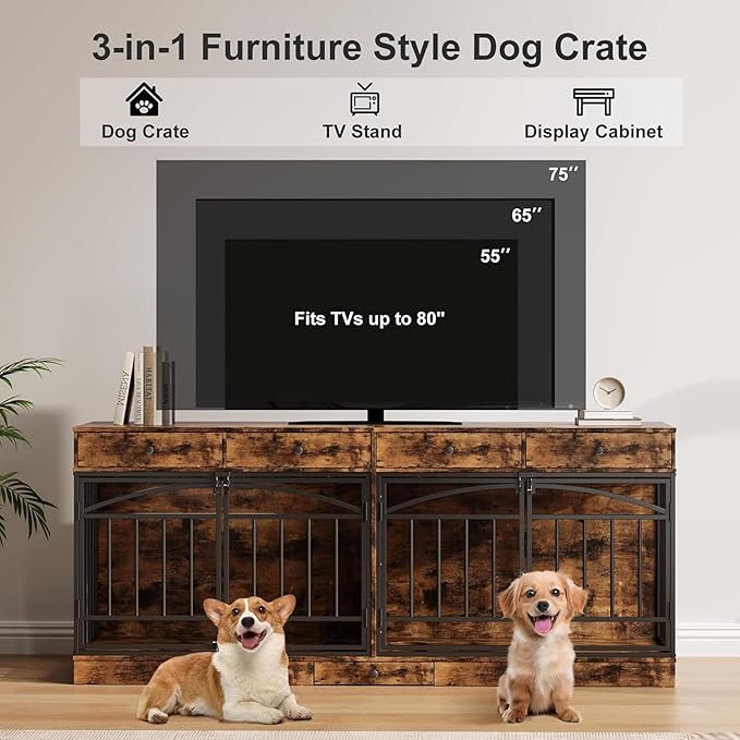 GAOMON Dog Crate Furniture for 2 Dogs, 78.7'' Large Dog Kennel Indoor with 4 Storage Drawers and Feeding Bowls, Double Dog Crate TV Stand for Small and Medium Dogs, Brown
