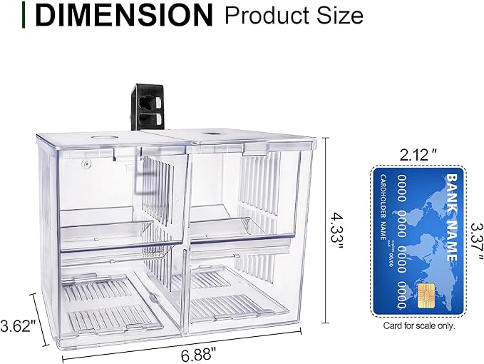 Dual-Chamber Aquarium Fish Breeder & Isolation Box, Transparent Hatching Incubator Tank with Suction Cups & Hook, Nursery for Livebearer Guppy Fry Breeding and Betta Fish, Shrimp Quarantine
