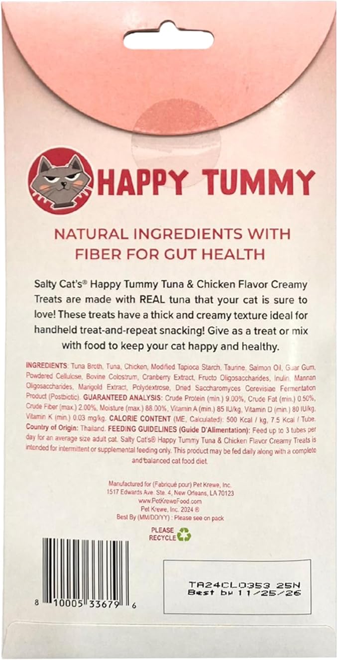 Salty Cat Happy Tummy Natural Tuna & Chicken Functional Tube Treats for Cats (12 Packs)