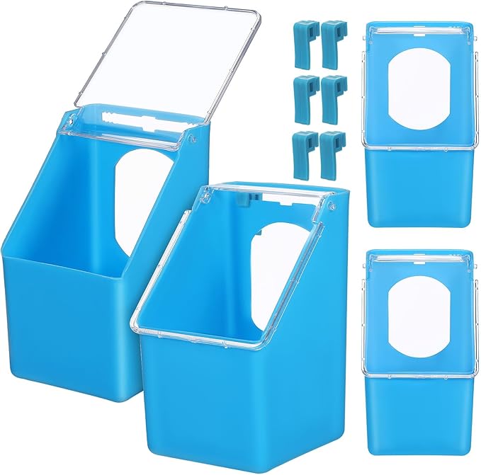 4Pcs Hanging Bird Feeder Boxes with Lid, Multi-Function Pigeon and Quail Food Dispenser, Blue Cage Feeder Bowls for Bird Feeding and Watering Supplies