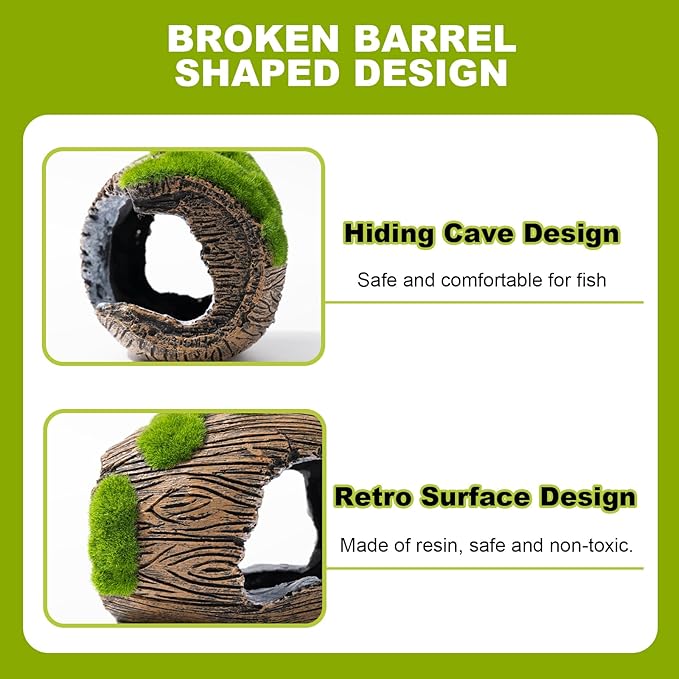 Betta Broken Barrel Decor Fish Tank Accessories, Resin Fish Hide Cave Aquarium Decoration Fish Tank Toys Hole Accessories (Large)