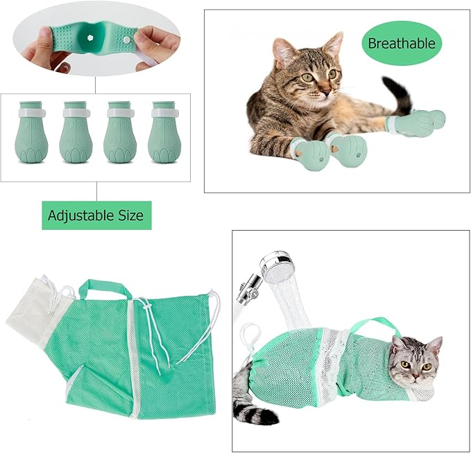 Hetenoyo 4 Pcs Anti-Scratch Silicone Cat Shoes and Cat Grooming Mesh Bag, Cat Claw Covers, Adjustable Multifunctional Anti-Bite Shower net Bag for Nail Trimming Bathing Home Pet Hospital Barbering