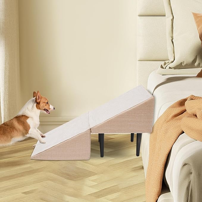 Split Ottoman Dog Ramp, 2-in-1 Foldable Lightweight Folding Pet Ramps Stairs, Dogs Ramp for Bed and Couch, for Small Animal, Small and Large Dog, Elderly Pet (Beige, 11.8 * 11.8 * 7.8in)