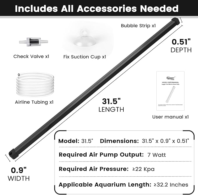 hygger Weighted Nano Mist Bubble Wall Bar, 31.5" Self-Sinking ABS Air Stone Strip with Gentle Oxygen Diffuser for Freshwater & Marine Aquarium, Hydroponics