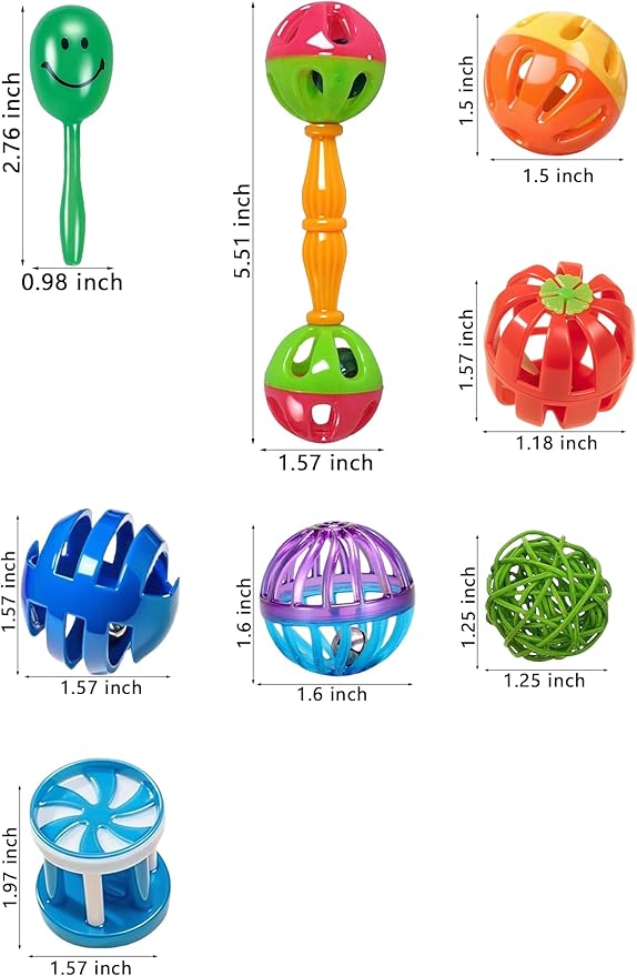 18-Pack Bird Toys for Parrots – Colorful Bells & Woven Balls for Fun Exercise & Mental Stimulation, Fits Small to Large Birds (1.5'' - 5.5'')