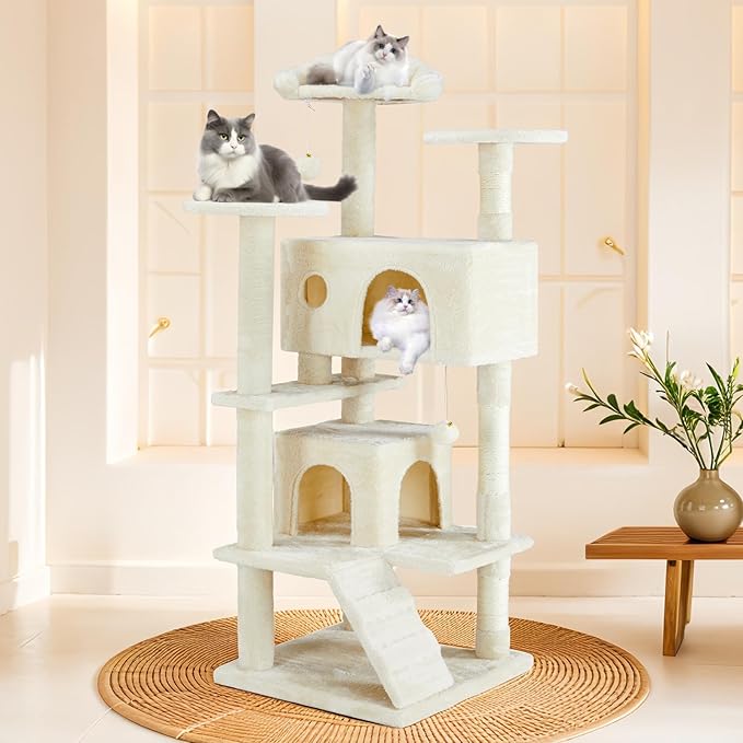 Sweetcrispy 54 Inch Cat Tree Tower, Multi-Level Tower with Cat Scratching Post, Indoor Cat Condo with Climbing Ladder, Plush Toy, Play House for Cat, Beige