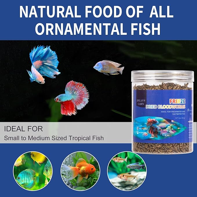 Dylan's cabin Freeze Dried Blood Worms - High Protein Fish Food Natural Bloodworms for Freshwater and Saltwater Fish All Tropical Fish Bettas Goldfish Discus Guppy Cichlids (85g)