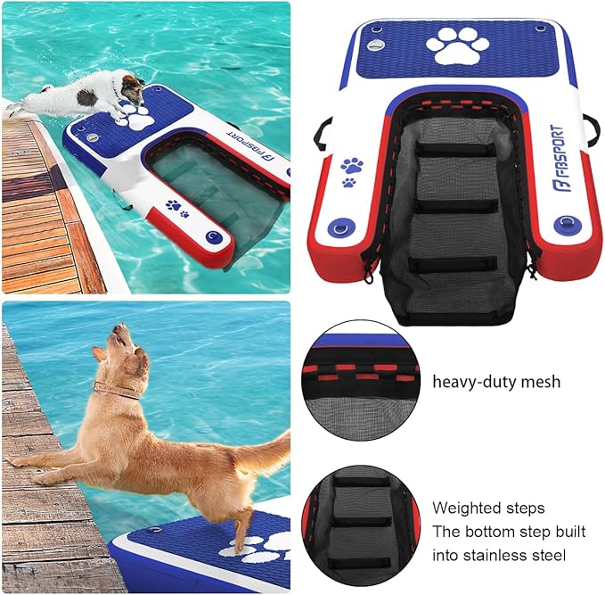 FBSPORT Inflatable Dog Boat Ramp Floating Dock Water Ladder for Pool, Boat, Non-Slip EVA Floating Ladder Pool Ramp for Dog Up to 220 LBs, Safe & Easy Access