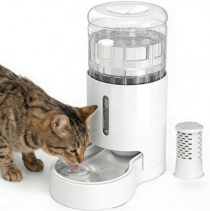 Cat Water Dispenser with Filter and Stainless Steel Bowl, Automatic Gravity Water Dispenser for Cats or Small Medium Size Dogs, Large Capacity, Easy to Clean and Safe for Pets (4L White)