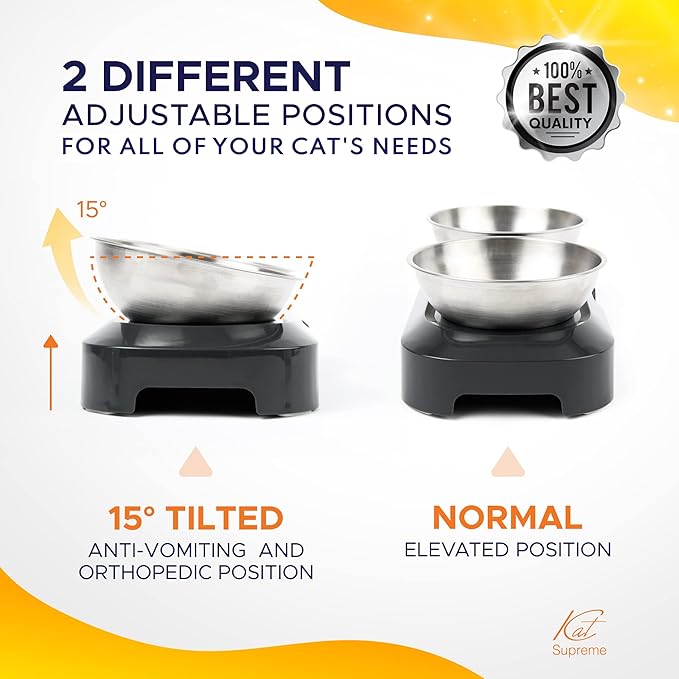 Cat Food Bowl - KATSUPREME Cat Bowls for Indoor Cats | Set of 2 Stainless Steel Bowl, Tilted Bowls Elevated Anti Vomiting, Non-Slip Base, Ant Proof Food & Water.