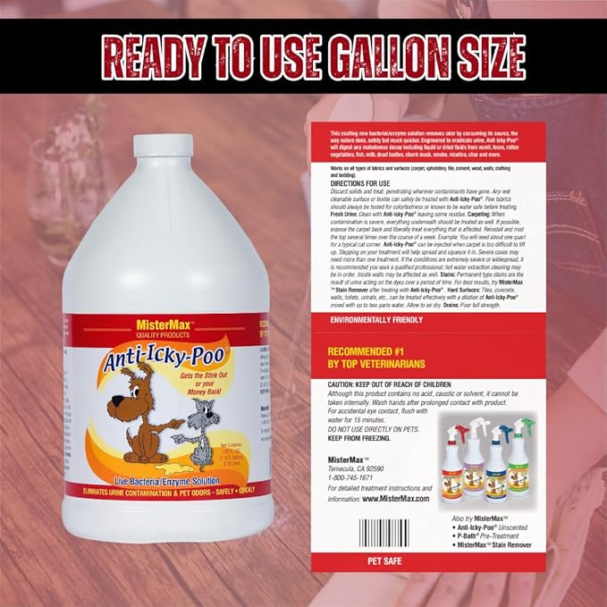 Mister Max Anti Icky Poo Pet Urine Enzyme Cleaner & Feces Odor Remover, Enzymatic Cleaner for Dog & Cat Urine, Pet Odor Remover Spray, 1 Gallon (Original Scent)