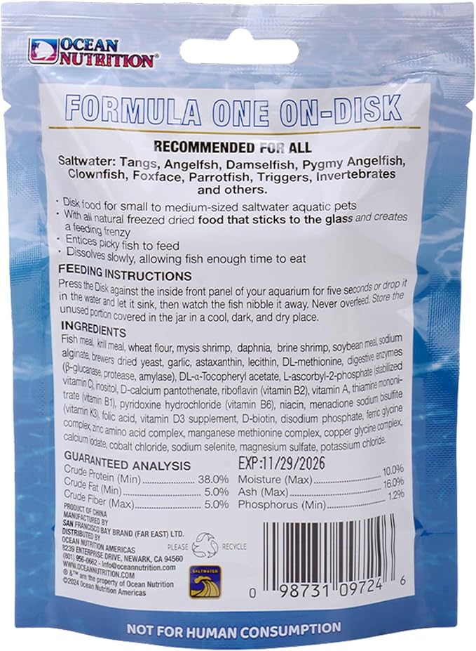 Ocean Nutrition Fish Food Formula One On-Disk - All-Natural Fish Food for Saltwater Carnivore, Tangs, Angels, Clownfish, High Protein (38%), 2.1 oz (60 g), Large Size