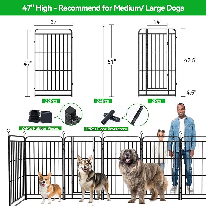 Heavy Duty Dog Playpen: 24 Steel Panels 47" Height, Square Steel Pipe with Reinforced Crossbars, 54FT 227 Sq.ft Portable Fence for Yard RV Camping, Snowy Black
