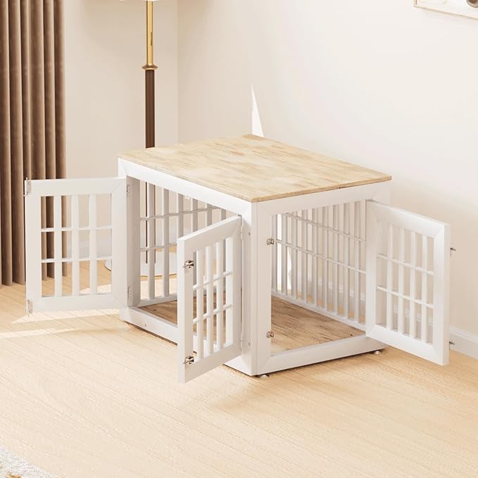38" Heavy Duty Dog Crate Furniture for Small,Medium and Large Dogs,Rustic Wooden Dog Cage Kennel Indoor Furniture with Waterproof Top,Decorative Pet House Side End Table (White & Wood)
